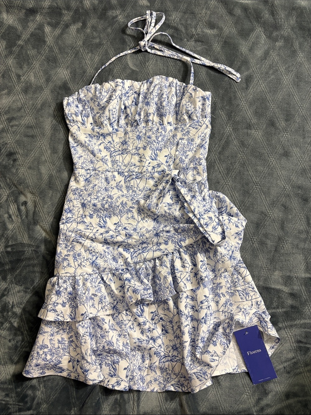 Floral Halter Ruffle Kids Dress by Floerns in Blue and White